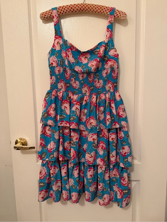 Betsey Johnson Dresses & Skirts - Betsey Johnson Blue Floral Tiered Mini Dress with Pink Roses